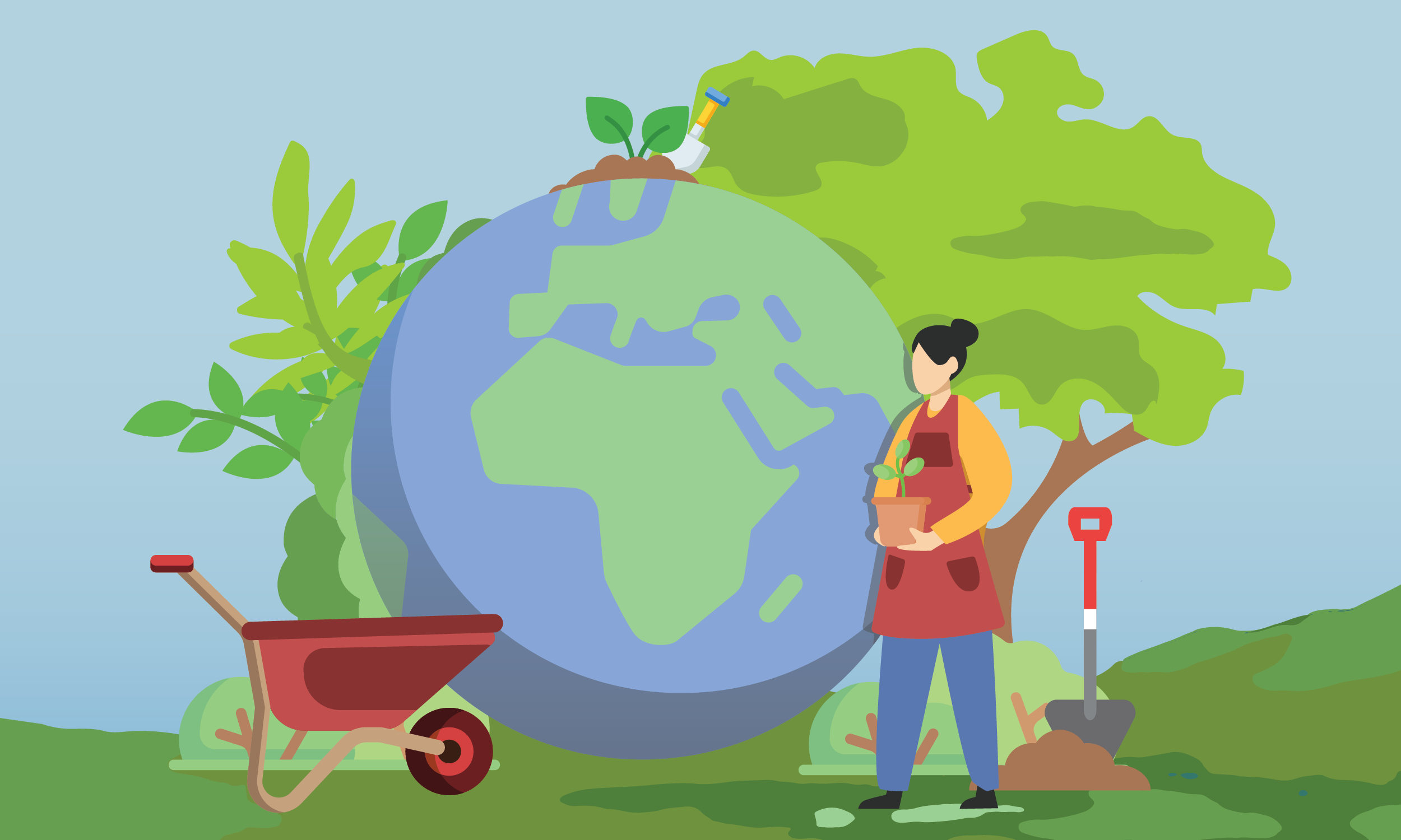 cover image showing woman holding potted plant next to globe