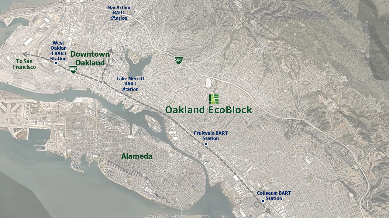 aerial view of oakland ecoblock within the bay area
