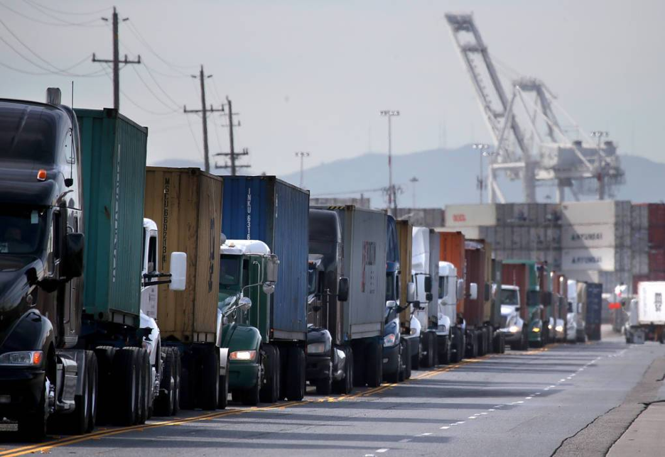 Trucks leaving busy port