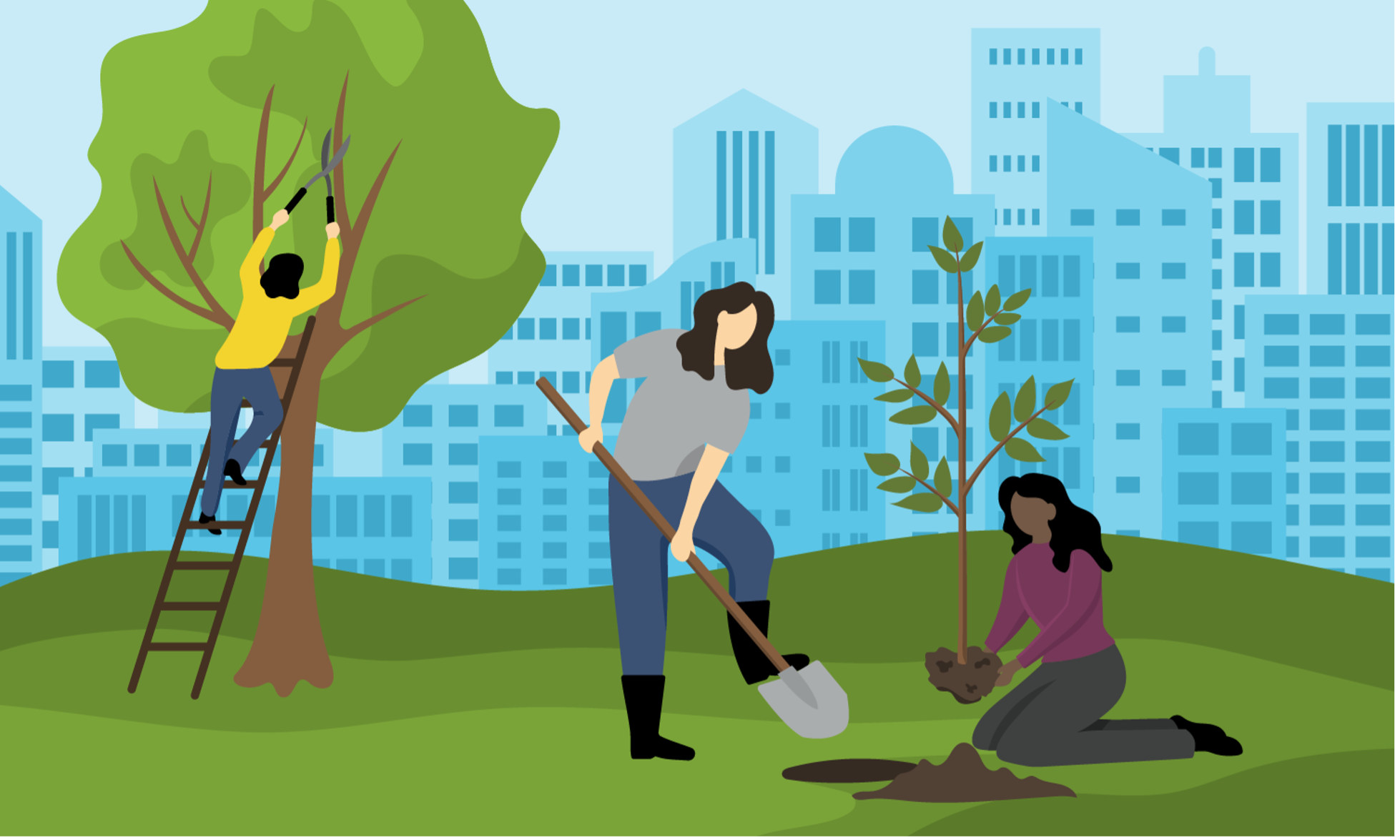 Illustration of several people planting and pruning trees