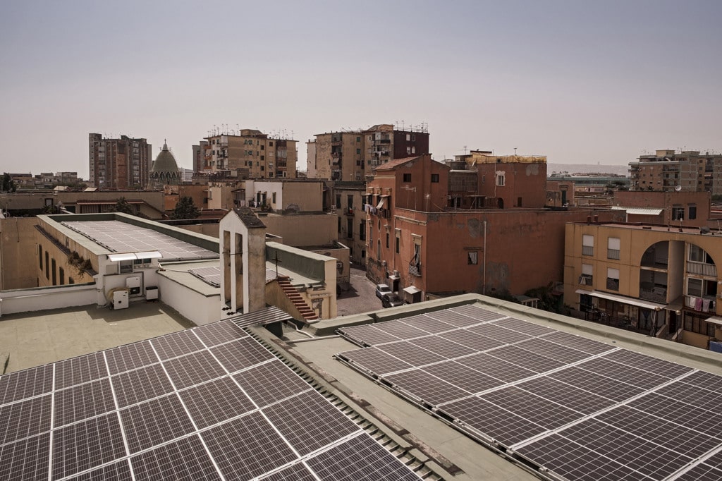 Solar panels on the roof of the Fondazione Famiglia di Maria community center