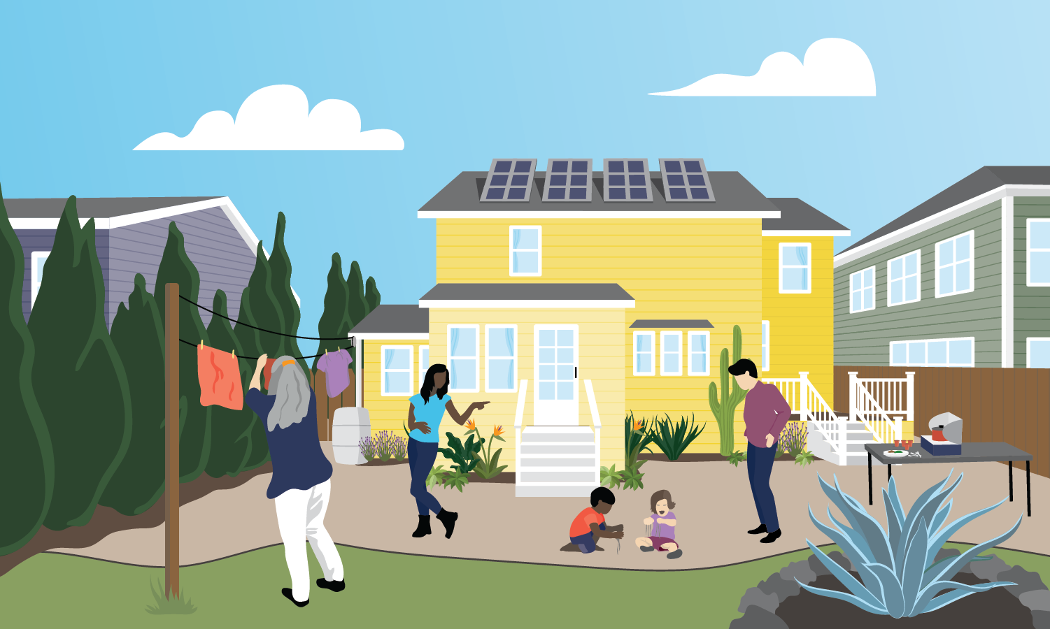 Illustration of yellow two-story house with solar PV array on roof. A family with two children are playing in the front yard while a woman with grey hair hangs laundry.